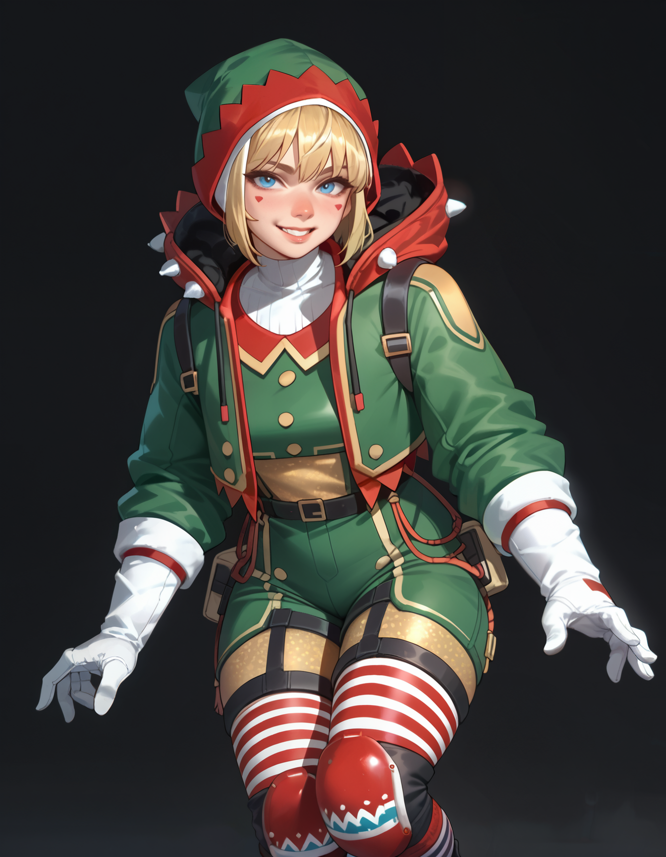 (embedding:Pony_PDXL_Negative_Embeddings\zPDXL2),dark background,pdrshk,1girl,solo,white gloves,boots,striped legwear,striped thighhighs,footwear,green footwear,jacket,short hair,green jacket,two-tone knee pads,bodysuit,green bodysuit,hood,red hood,red knee pad,green knee pad,pouch,blonde hair,belt,headwear,hat,green hat,red hat,looking_at_viewer,smile,blue eyes                                 <lora:MyTrainings\Temp\Wattson_Shocking_Stuffer_XL_Pony_ARZUMATA.safetensors:0.7>