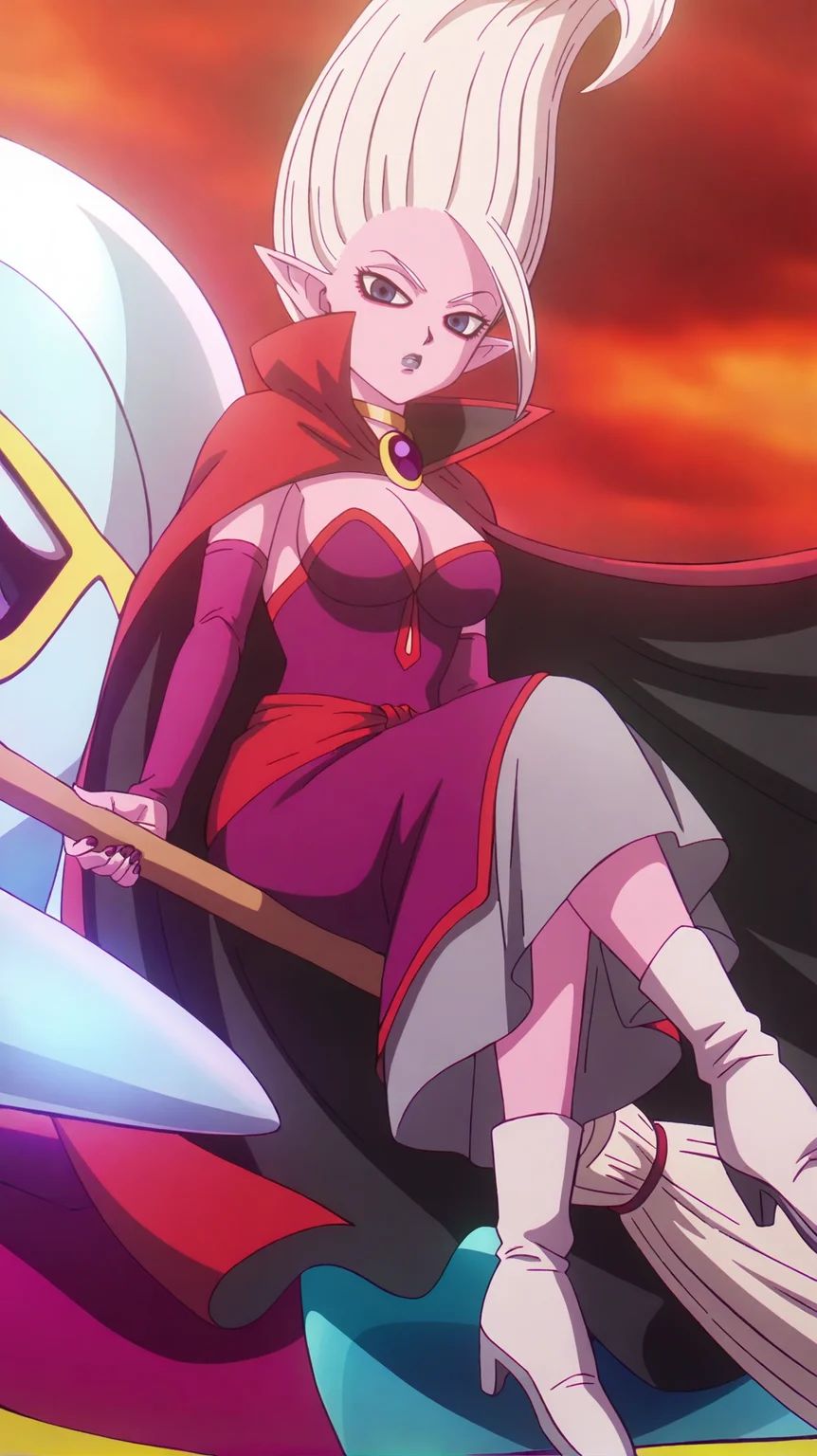 source_anime, masterpiece, best quality, amazing quality, anime screencap, high quality, 8k, absurdres, official style, bright, <lora:Dr_Arinsu_iL:1>, dr 4r1n2u, blue eyes, white hair, long hair, lipstick, purple lips, pointy ears, colored skin, dress, cleavage, medium breasts, purple sleeves, finger loop sleeves, cape, choker, skirt, boots, high heels, heels, sitting on flying broom, legs crossed, looking at viewer, serious,