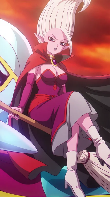 source_anime, masterpiece, best quality, amazing quality, anime screencap, high quality, 8k, absurdres, official style, bright, <lora:Dr_Arinsu_iL:1>, dr 4r1n2u, blue eyes, white hair, long hair, lipstick, purple lips, pointy ears, colored skin, dress, cleavage, medium breasts, purple sleeves, finger loop sleeves, cape, choker, skirt, boots, high heels, heels, sitting on flying broom, legs crossed, looking at viewer, serious,