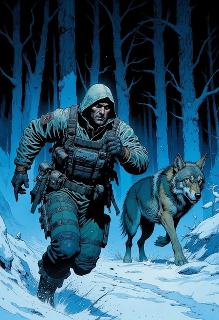 Comic book style, a lone futuristic, rugged male warrior is running sideways to the right through a dark, snowy forest at dusk, accompanied by his loyal wolf companion running beside him. He is illuminated by a dim blue light from above, casting an eerie glow over him and the wolf as they move swiftly through the snow-covered terrain. The warrior wears a tactical outfit layered with worn fabric and protective padding, with multiple tactical pouches strapped across his chest, waist, and legs. His hood partially shadows his face, but his intense, battle-hardened expression is visible, focused forward as he tracks something in the distance. Beside him, the wolf runs with ears perked, exuding vigilance and loyalty, keeping pace with his companion. The tall, snow-covered trees blur past in the background, creating a sense of movement and urgency, while the cold blue light sharply contrasts with the surrounding darkness, adding an atmosphere of solitude and determination in their search through the hostile, abandoned world.
