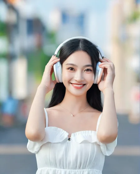 (best quality:1.4), (ultra highres:1.2), (photorealistic:1.4), (8k, RAW photo:1.2),(portrait shot:1.3), airpods_max,1girl, solo, looking at viewer, long hair, black hair, headphones, blurry background, smile, portrait,realistic, white dress, full body, Perfect Hands, <lora:neg4all_bdsqlsz_xl_V7:0.8>, <lora:Perfect Hands v2:0.8>, <lora:airpods_max-000035:0.5>