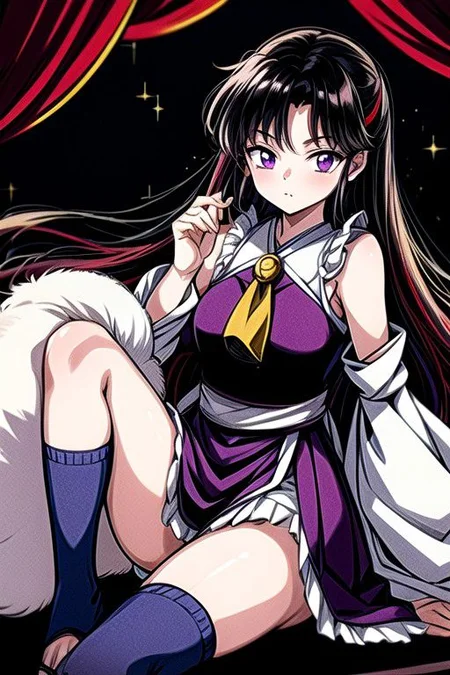 masterpiece, best quality 1girl Setsun4 solo long hair, (night time) forest background black hair very long hair purple eyes multicolored hair armor (fur trim) (medium body),<lora:EMS-179-EMS:0.800000>,<lora:EMS-293862-EMS:0.800000>ascot, bare shoulders, black footwear, detached sleeves, embellished costume, frills, japanese clothes, nontraditional miko, red skirt, sandals, sarashi, skirt, socks, white sleeves, white socks, wide sleeves, yellow ascot, zouri, armor, miko