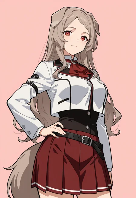 masterpiece, best quality,
1girl, solo, cowboy shot,
standing, hand on own hip,
looking at viewer, light smile,
<lora:Pursena_Adoldia:1> P0rs3n44d0ld14, dog girl, long hair, brown hair, grey hair, dog ears, dog tail, animal ears, red eyes, medium breasts,
cropped jacket, white jacket, red ascot, black belt, long sleeves, pleated skirt, red skirt, school uniform, buckle,
simple background, pink background,