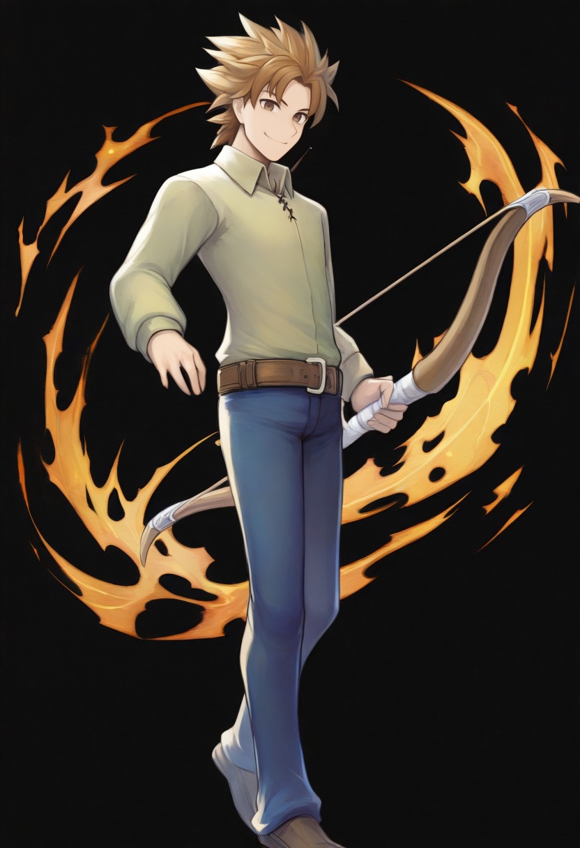 masterpiece, best quality, solo, 1boy, smile, looking at viewer, <lora:Guide-illus_Fp:1>, guidetre, brown hair, brown eyes, short hair, spiked hair, green shirt, collared shirt, belt, blue pants,  <lora:feh-style-richy-v1_ixl:1>, fehspc, full body, black background, bow \(weapon\),