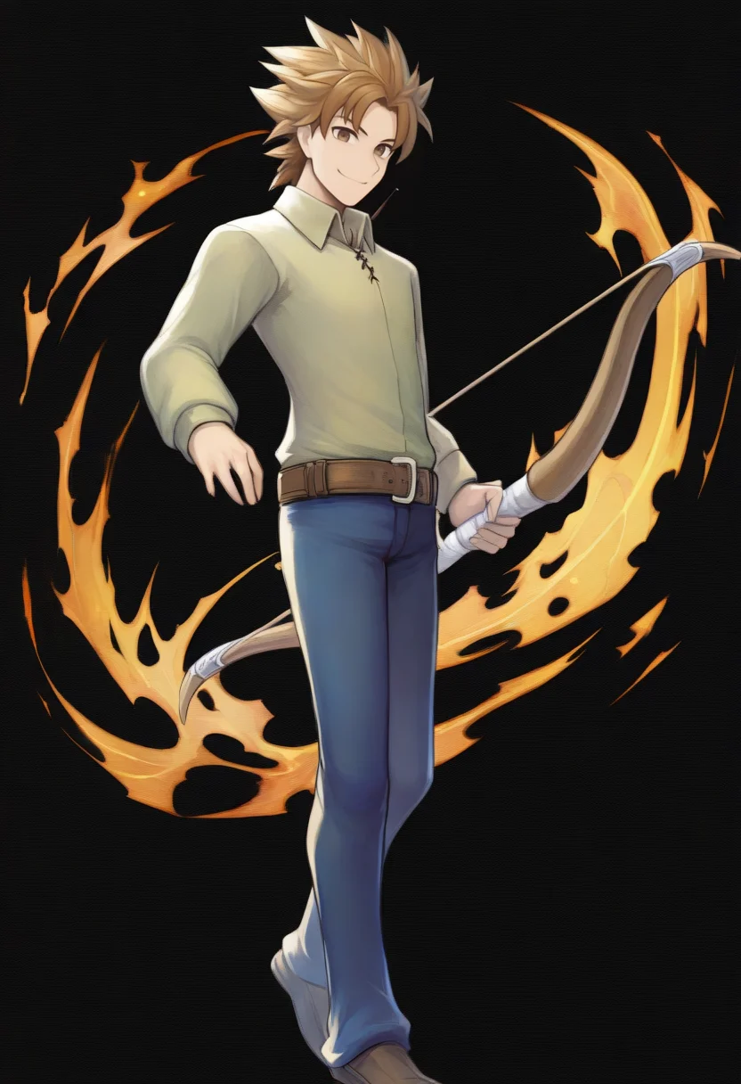masterpiece, best quality, solo, 1boy, smile, looking at viewer, <lora:Guide-illus_Fp:1>, guidetre, brown hair, brown eyes, short hair, spiked hair, green shirt, collared shirt, belt, blue pants, <lora:feh-style-richy-v1_ixl:1>, fehspc, full body, black background, bow \(weapon\),