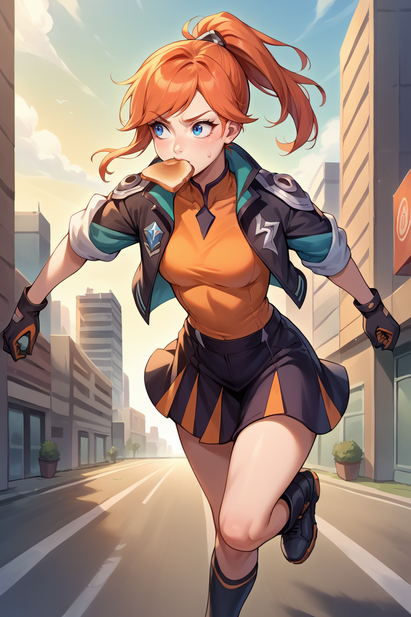 score_9, score_8_up, score_7_up, score_6_up, source_anime, 1girl, solo,  <lora:lux-pdxl-nvwls-v1-000005:1> balux, orange hair, blue eyes, ponytail, swept bangs, orange shirt, cropped jacket, black jacket, short sleeves, multicolored skirt, socks, black boots, running, city, sweatdrop, toast in mouth, black gloves