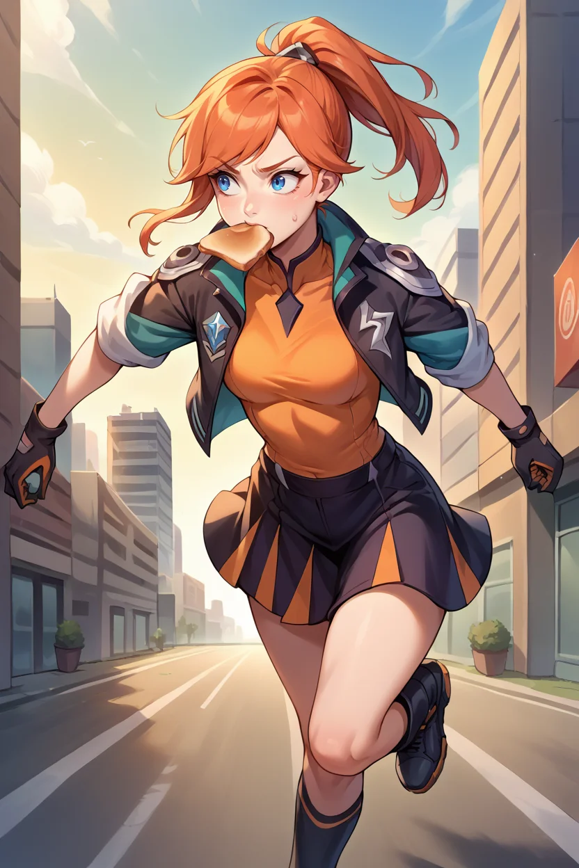 score_9, score_8_up, score_7_up, score_6_up, source_anime, 1girl, solo, <lora:lux-pdxl-nvwls-v1-000005:1> balux, orange hair, blue eyes, ponytail, swept bangs, orange shirt, cropped jacket, black jacket, short sleeves, multicolored skirt, socks, black boots, running, city, sweatdrop, toast in mouth, black gloves