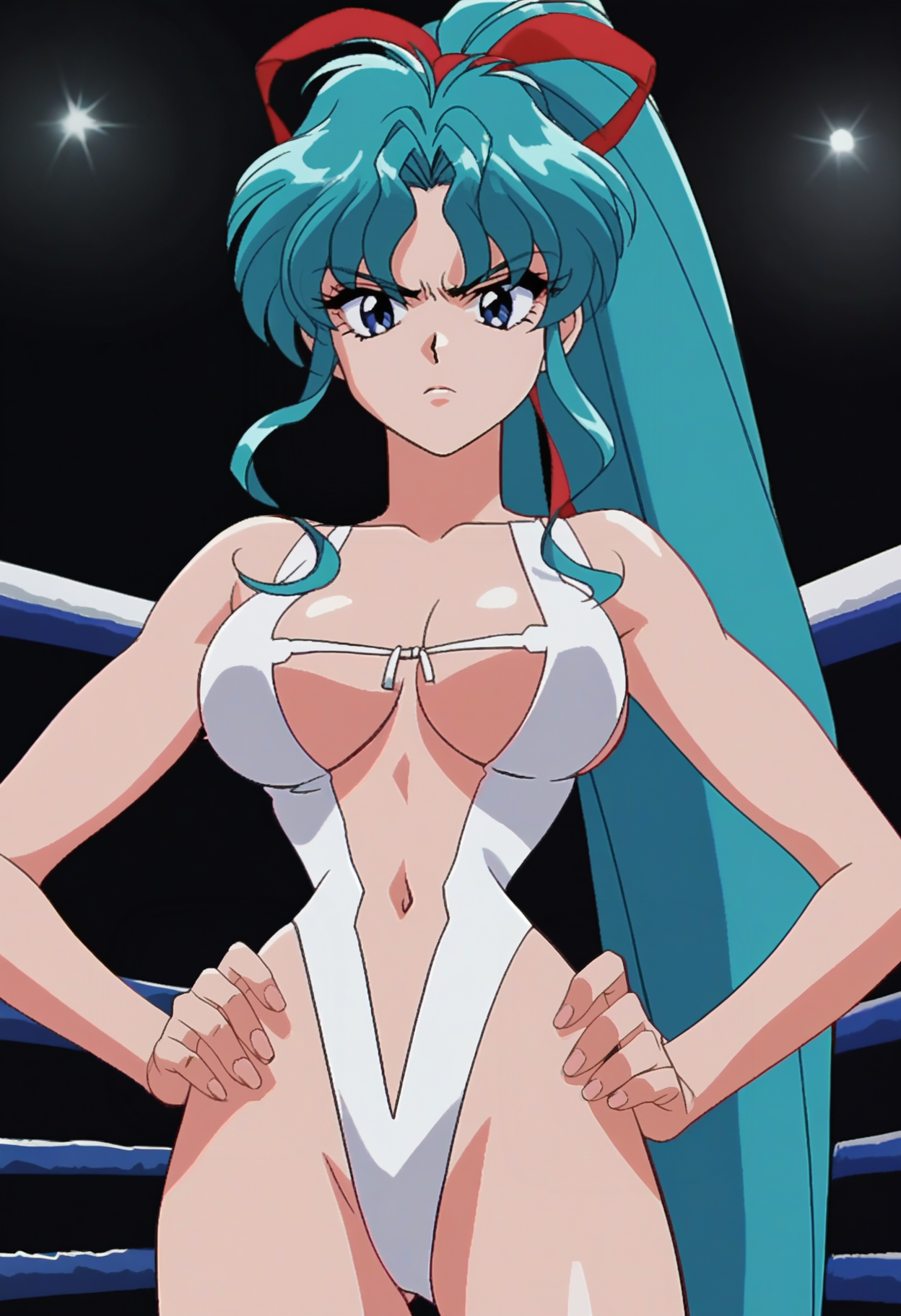 score_9, score_8_up, score_7_up, score_6_up, anime screencap, anime coloring, <lora:JBHL_epoch_10:0.9>, JBHL, aqua hair, very long hair, ponytail, blue eyes, hair ribbon,
white slingshot swimsuit, navel,
looking at viewer, serious, upper body, legs apart, hand on own hips, 
BREAK wrestling ring,