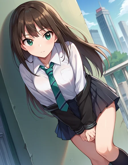 score_9, score_8_up, score_7_up, source_anime,
rinshibuya, <lora:rin-shibuya-ponyxl-lora-nochekaiser:1>,
rin shibuya, black hair, green eyes, long hair,
black skirt, black socks, collared shirt, green necktie, kneehighs, long sleeves, miniskirt, necktie, pleated skirt, school uniform, shirt, skirt, socks, striped, striped necktie, white shirt, wing collar,
outdoors, cityscape, bent over,
looking at viewer, dutch angle, cowboy shot,
