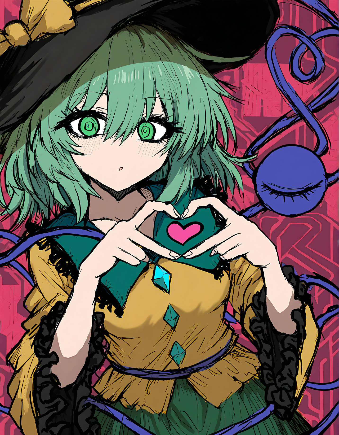 sushi yuusha toro, 1girl, solo, komeiji koishi, heart hands,
very awa, masterpiece, best quality, year 2024, newest, highres, absurdres, <lora:black-souls-style-noobai-vpred10-prodigy-DoRA-debiased:1>