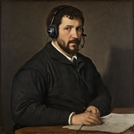 Painting of detailed of office worker with headset AH_Titian   <lora:Paintings_by_Titian_-_Venetian_Renaissance:1>
