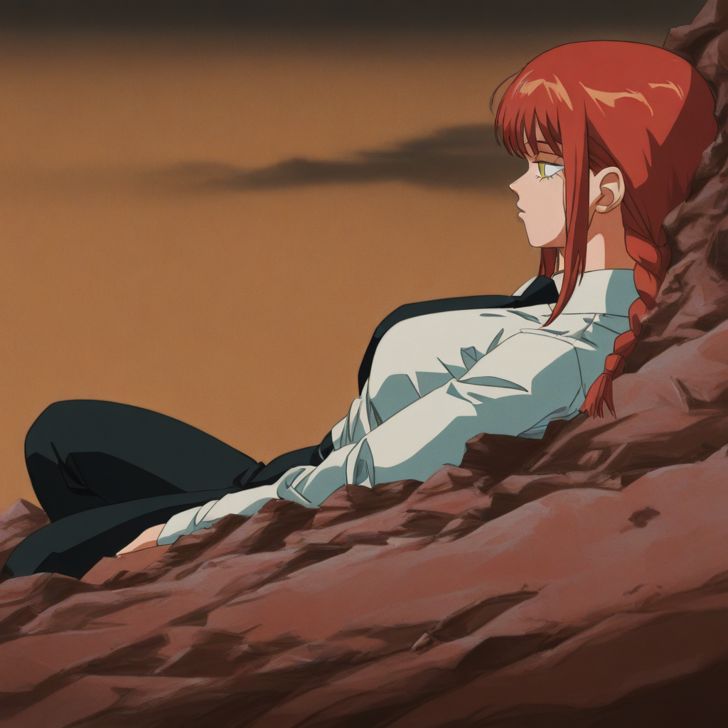 masterpiece, best quality, newest, absurdres, highres, vintage anime, 90s anime, TMTMEMEV1.1-Role:Mark, lying, lying on rock, rock,  1girl, makima \(chainsaw_man\), rehead, red hair, yellow eyes, white shirt,