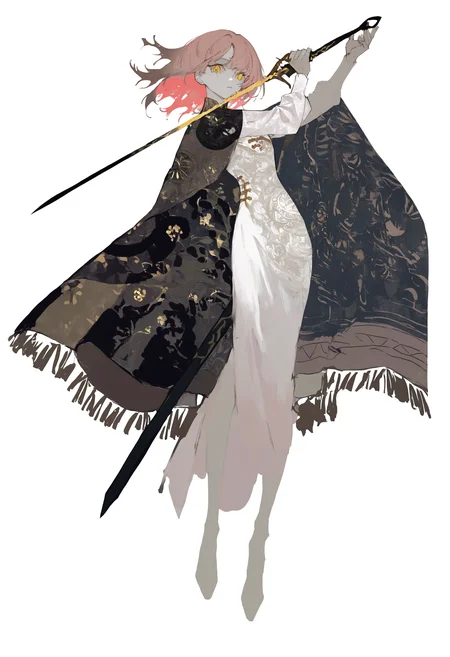 masterpiece, highres, absurdres, newest, very awa, intricate detail, highly detailed clothing, muted color, unfinished, 1girl, solo, dress, holding, holding sword, arms up, print dress, tapestry cape, medium hair, pink hair, yellow eyes, white background, looking at viewer, full body,
<lora:spo_sdxl_10ep_4k-data_lora_webui>, <lora:TA_trained:0.35>, <lora:NOOB_EPSv1_1_detailer_by_vlnvk_v0_5>, <lora:mon_monmon2133-000016:0.85>