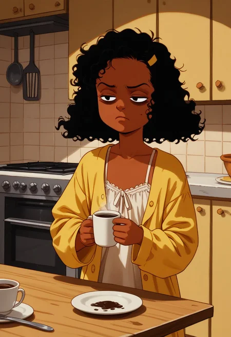 score_9, score_8_up, score_7_up, retro artstyle
1girl, solo, Ashley B RC, black hair,curly hair, ashley b rc, yellow hair ornament, , dark skin, flat chest,
indoors, kitchen, wear only lace negligee, loose clothes, open clothes, holding a cup of coffee, eyes half closed, sleepy eyes, bags under eyes, perfect hands,