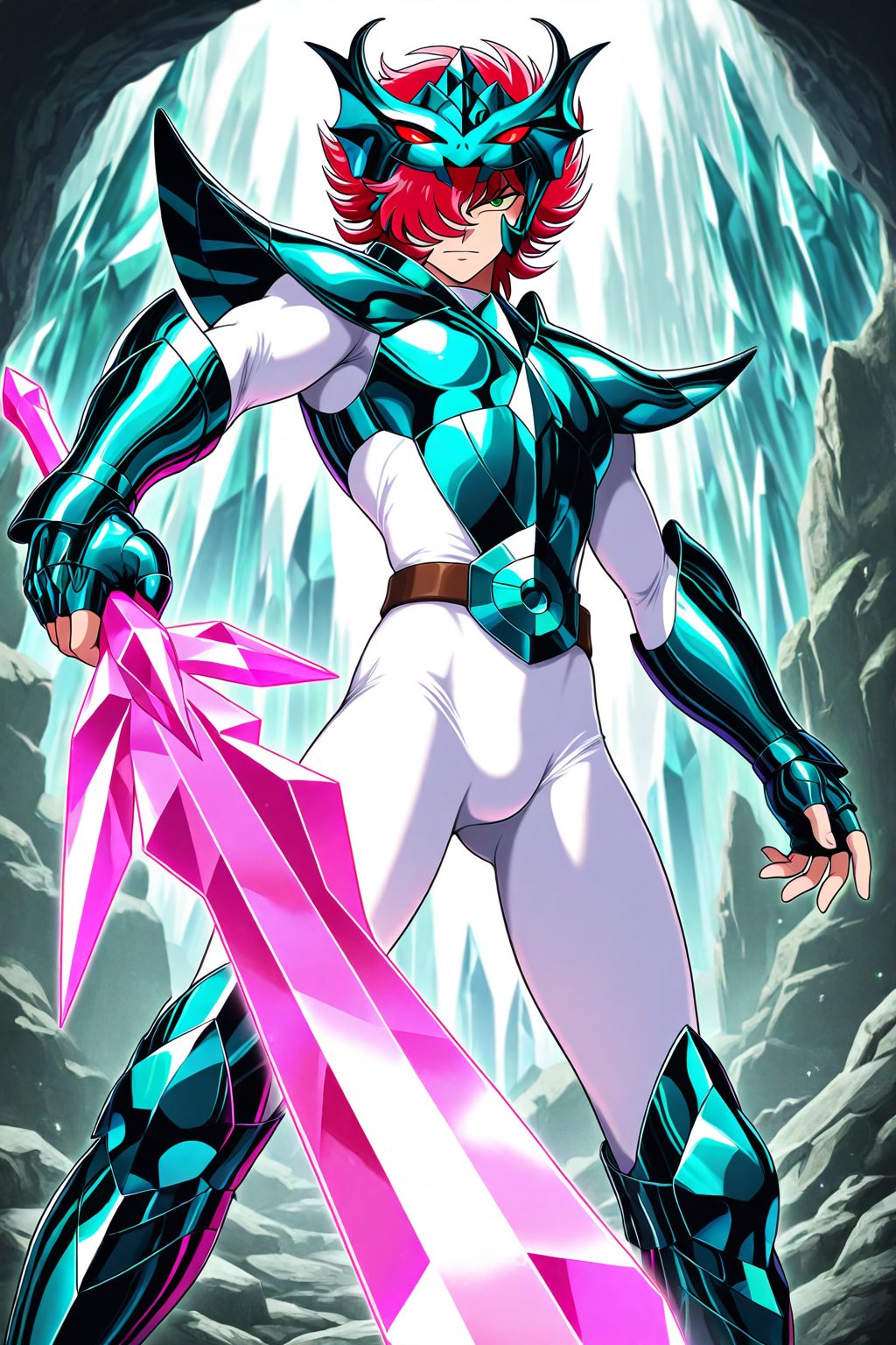 masterpiece,best quality,amazing quality, SSALBE, 1boy, male focus, wavy hair, short hair, pink-red hair, hair over one eye, green eyes, megrez forehead protector (red eyes), megrez armor, teal pauldrons, teal breastplate, belt buckle, white bodysuit, teal fingerless gauntlets, teal greaves, solo, holding sword, alberich sword, crystal sword, pink sword, one-handed sword