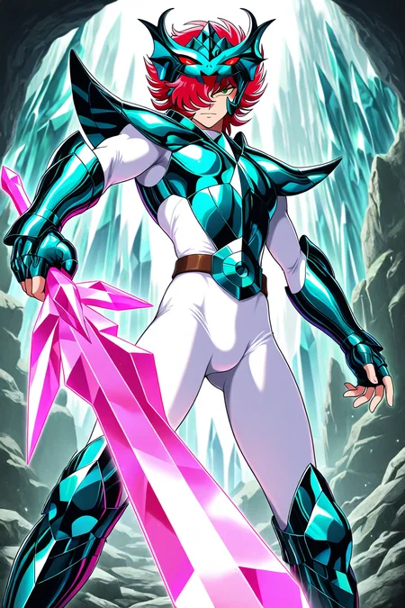 masterpiece,best quality,amazing quality, SSALBE, 1boy, male focus, wavy hair, short hair, pink-red hair, hair over one eye, green eyes, megrez forehead protector (red eyes), megrez armor, teal pauldrons, teal breastplate, belt buckle, white bodysuit, teal fingerless gauntlets, teal greaves, solo, holding sword, alberich sword, crystal sword, pink sword, one-handed sword