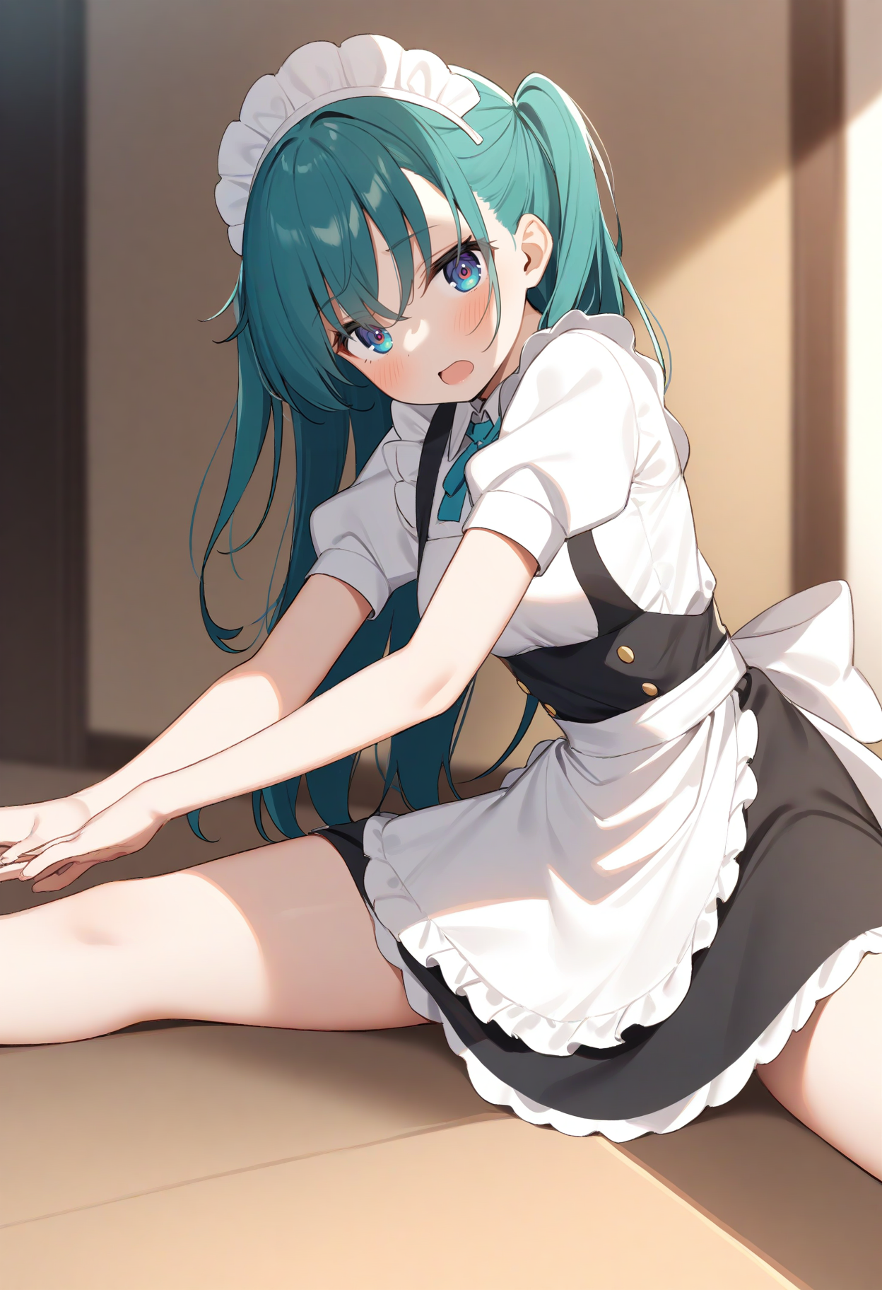 1girl,sincos, ningen mame, toosaka asagi,solo,medium breasts,20yo,maid,maid headdress,
stretching leg, stretch, sitting, spread legs,<lora:stretchingleg_XL_v1:0.8>
from side, wide shot, looking to the side, aqua hair, black eyes,flustered, open mouth, two side up hair,,
best quality, very aesthetic, absurdres