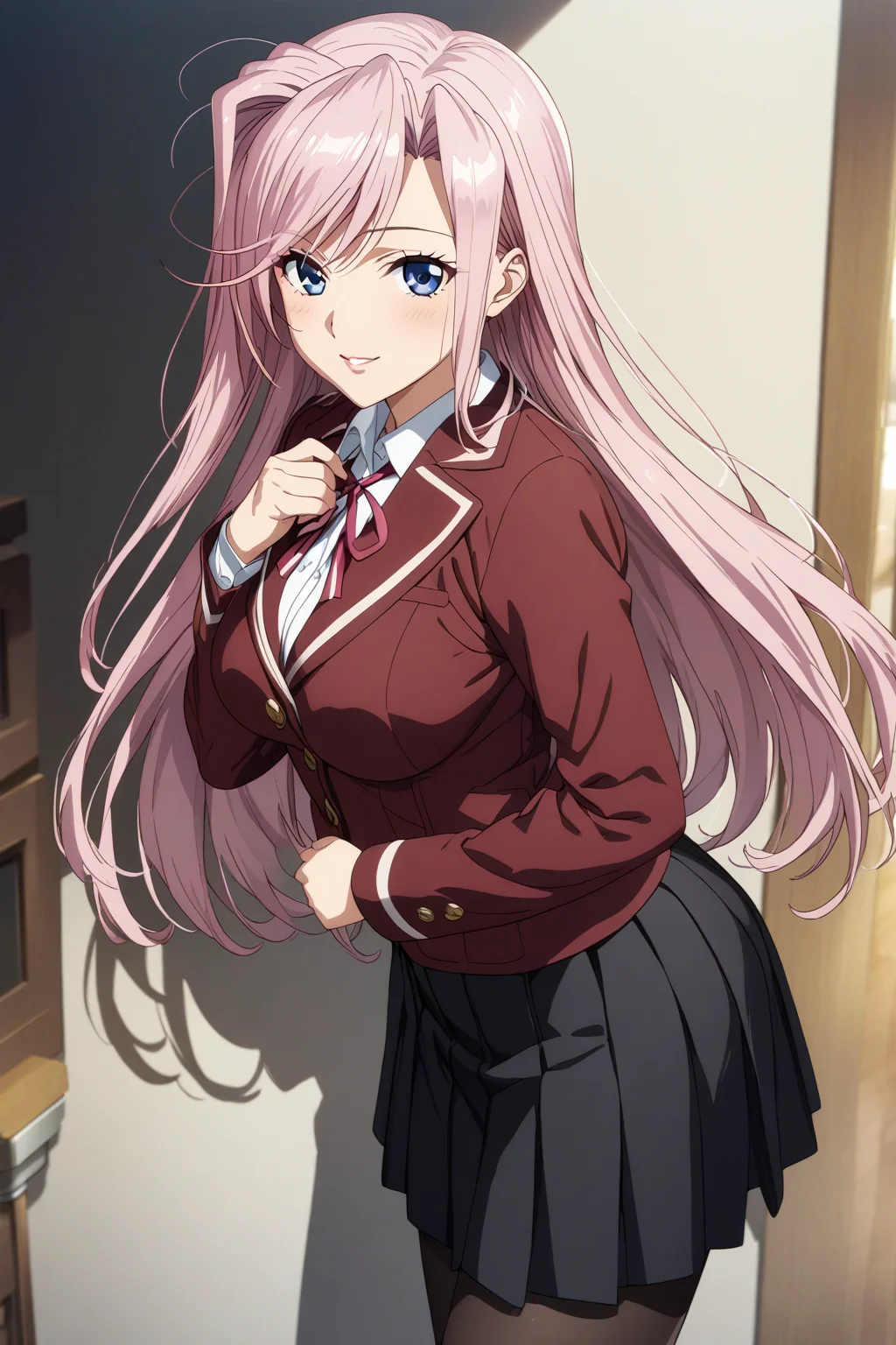 charlotte_hazelrink, 1girl, solo, pink hair, blue eyes, school uniform, white shirt, red jacket, black skirt, black pantyhose, cowboy shot, looking at viewer, smile, closed lips, anime coloring <lora:Charlotte_Hazelrink:1>, (masterpiece),(best quality),(ultra-detailed),(best illustration),(best shadow),(absurdres),(detailed background),(very aesthetic),