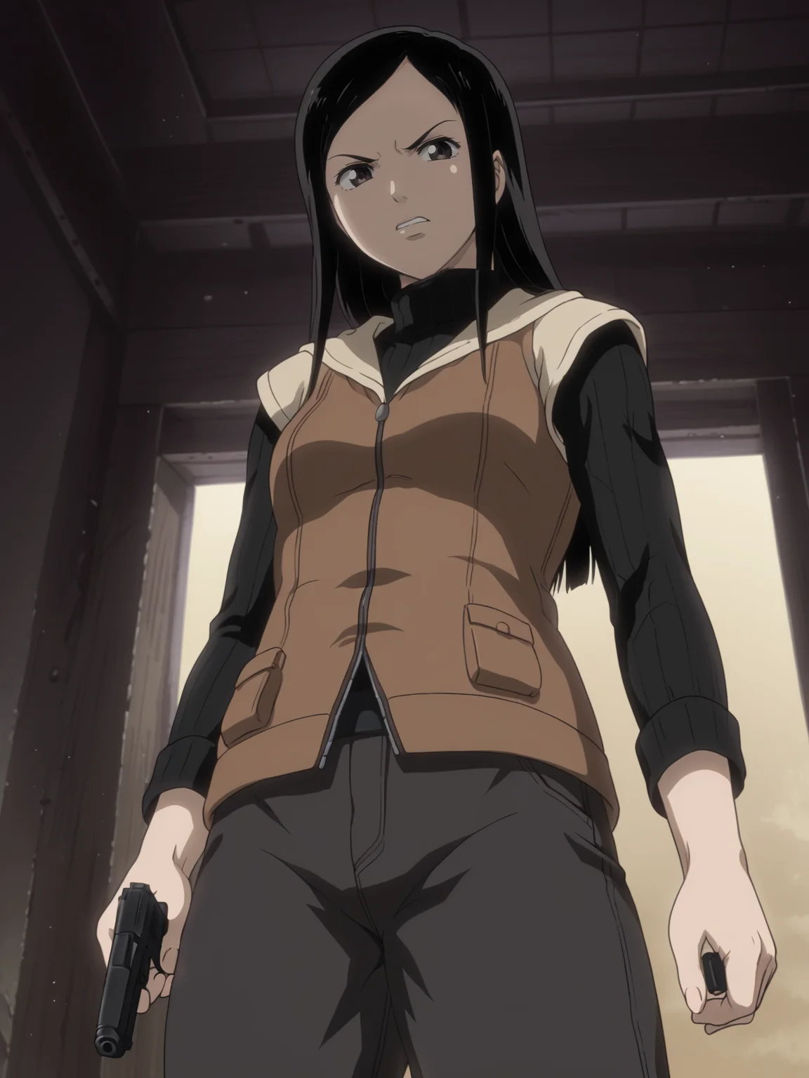 from below, 1girl, ekaturkuro, score_8_up, <lora:Eka Turkuro:0.75>, black hair, long hair
holding pistol, looking down barrel, looking at viewer, disgusted