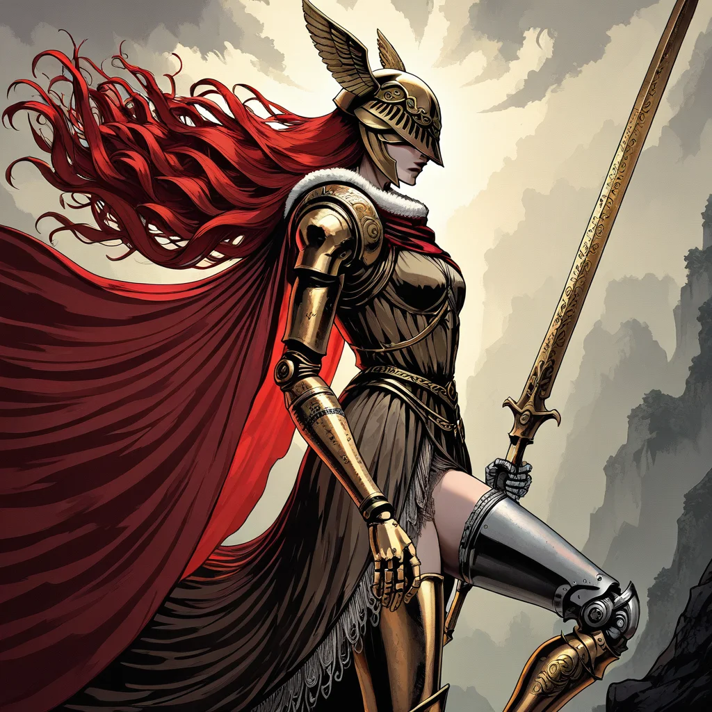 masterpiece, best quality, newest, absurdres, highres, FCMXV1.0, 1girl, malenia blade of miquella, floating hair, red hair, long hair, prosthetic leg, armor, gold armor, winged helmet, armor, red cape, prosthetic arm, single mechanical arm,