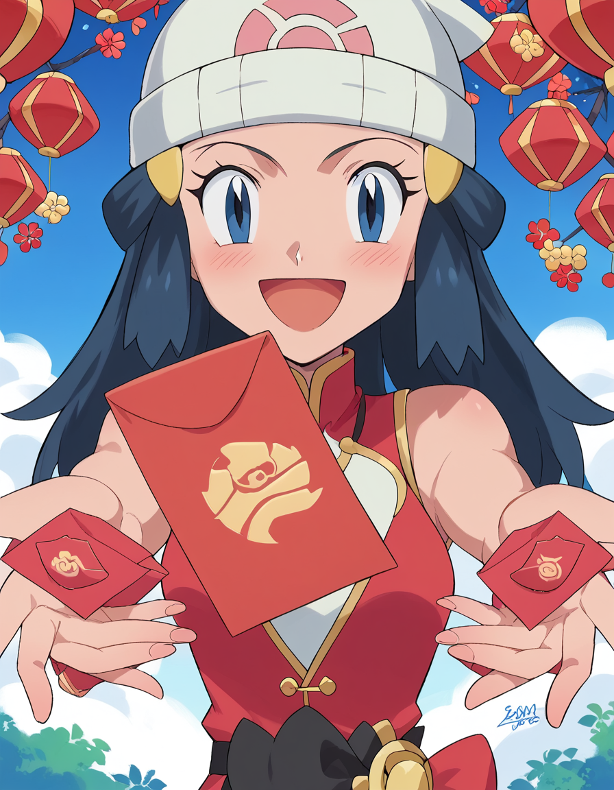 score_9, score_8_up, score_7_up, source_anime, <lora:pokemon-dawn-anime-ponyxl-lora-nochekaiser:1>, pokemon dawn, black hair, blue eyes, sidelocks, long hair, hat, beanie, white headwear, medium breasts, <lora:hongbao-ponyxl-lora-nochekaiser:1>, hongbao, chinese new year, good fortune symbol, holding envelope, envelope, red envelope, outstretched arm, smile, blush, outdoors, open mouth, looking at viewer,, ,