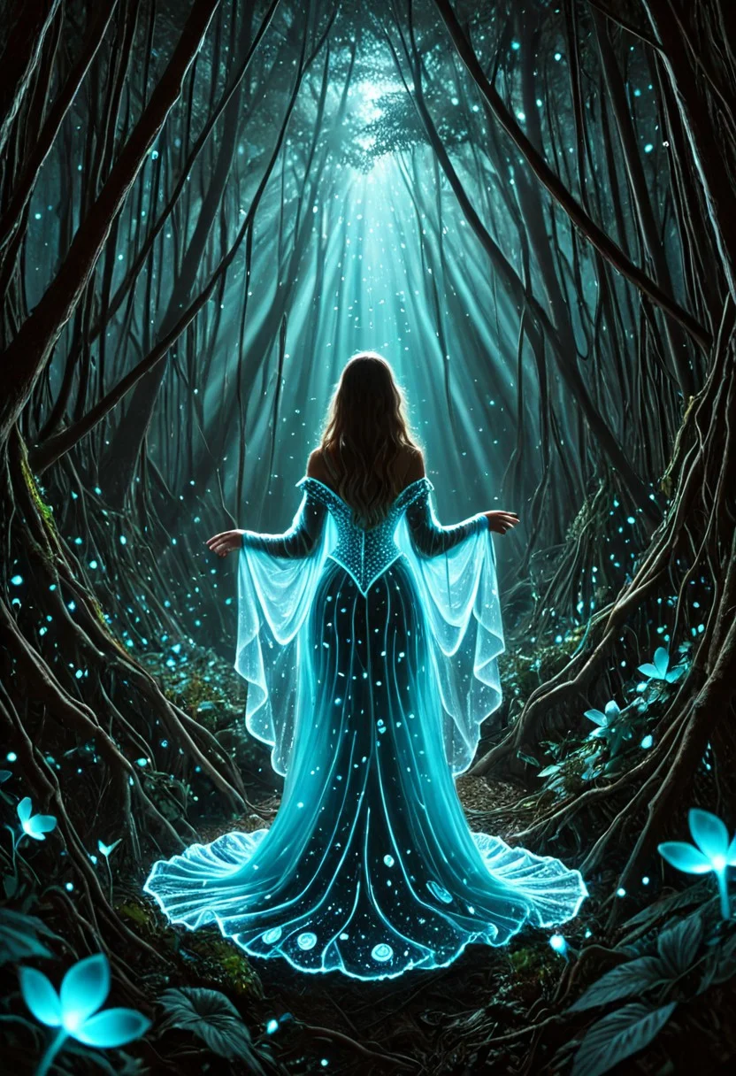 a mesmerizing woman standing in a dense bioluminescent forest, her long flowing hair softly illuminated by glowing blue and violet fungi around her, wearing a sheer, ethereal gown that reflects the soft turquoise light, surrounded by bioluminescent butterflies and floating particles, deep shadows contrast the luminous plants, ambient mist diffuses the glow, starry sky barely visible through the canopy, cinematic lighting, fantasy realism, photorealistic textures, soft depth of field