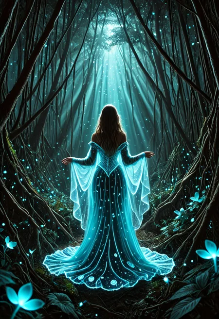 a mesmerizing woman standing in a dense bioluminescent forest, her long flowing hair softly illuminated by glowing blue and violet fungi around her, wearing a sheer, ethereal gown that reflects the soft turquoise light, surrounded by bioluminescent butterflies and floating particles, deep shadows contrast the luminous plants, ambient mist diffuses the glow, starry sky barely visible through the canopy, cinematic lighting, fantasy realism, photorealistic textures, soft depth of field