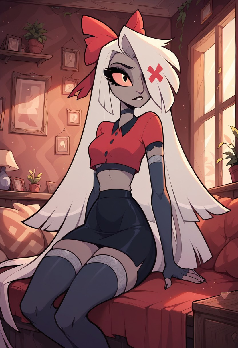 masterpiece, score_9_up, score_8_up, score_7_up, score_6_up, score_5_up, (best quality:1.1), ultra-detailed, high resolution, solo, highly detailed macro illustration, xvaggiex, white hair, very long hair, hair bow, colored sclera, hair over one eye, red shirt, crop top, black skirt, thighhighs, elbow gloves, fingerless gloves, inside, soft lighting, sitting on a couch, blanket draped over legs, cozy living room, Highly Visible, (((8k))), sharp focus, perfect lighting, anatomically correct, extremely detailed, warm glow, high detail, relaxed and comfortable, Expressiveh, detailed background, OverallDetail, zPDXL2