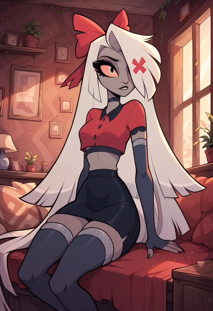masterpiece, score_9_up, score_8_up, score_7_up, score_6_up, score_5_up, (best quality:1.1), ultra-detailed, high resolution, solo, highly detailed macro illustration, xvaggiex, white hair, very long hair, hair bow, colored sclera, hair over one eye, red shirt, crop top, black skirt, thighhighs, elbow gloves, fingerless gloves, inside, soft lighting, sitting on a couch, blanket draped over legs, cozy living room, Highly Visible, (((8k))), sharp focus, perfect lighting, anatomically correct, extremely detailed, warm glow, high detail, relaxed and comfortable, Expressiveh, detailed background, OverallDetail, zPDXL2