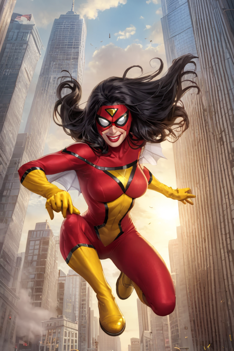 sw_jessicadrew, 1girl, solo, long hair, black hair, lipstick, white lenses, covered eyes, domino mask, superhero, red bodysuit, yellow gloves, yellow boots, cowboy shot, smile, building, city, skyscraper, flying <lora:Spider-Woman (Jessica Drew) SDXL_LoRA_10r_5e_100i_nr32_a16:0.8>