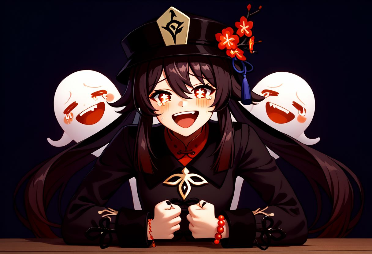 EnD_Niji_Sports,  Wheeze, open mouth, tears, laughing,HuTao_DskFll, 1girl, solo, long hair, looking at viewer, blush, smile, open mouth, brown hair, shirt, red eyes, long sleeves, hat, hair between eyes, twintails, jewelry, upper body, flower, :d, nail polish, bracelet, symbol-shaped pupils,  black headwear, chinese clothes, ring, red shirt, black nails, beads, ghost, hat flower, bead bracelet, flower-shaped pupils, plum blossoms, hu tao (genshin impact), boo tao (genshin impact), hand on table, english text, clenched hand BREAK PonyXLV6_Scores