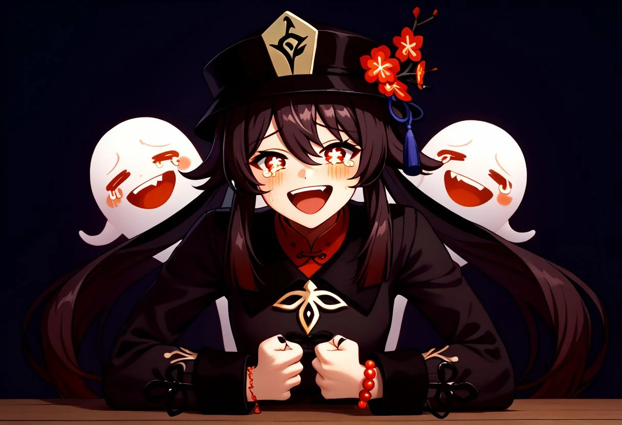 EnD_Niji_Sports,  Wheeze, open mouth, tears, laughing,HuTao_DskFll, 1girl, solo, long hair, looking at viewer, blush, smile, open mouth, brown hair, shirt, red eyes, long sleeves, hat, hair between eyes, twintails, jewelry, upper body, flower, :d, nail polish, bracelet, symbol-shaped pupils,  black headwear, chinese clothes, ring, red shirt, black nails, beads, ghost, hat flower, bead bracelet, flower-shaped pupils, plum blossoms, hu tao (genshin impact), boo tao (genshin impact), hand on table, english text, clenched hand BREAK PonyXLV6_Scores