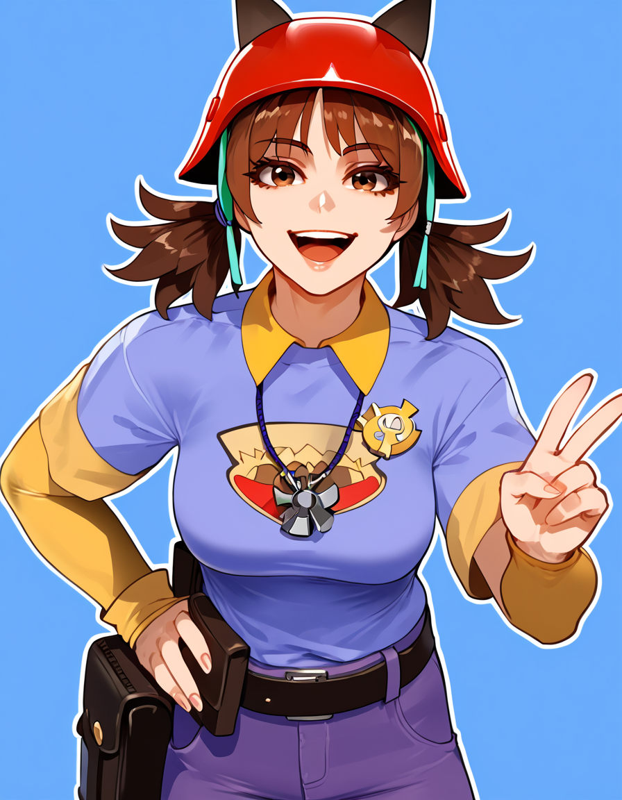 1girl, solo, <lora:Aubrey_Fortnite:0.8> red helmet, brown hair, brown eyes, pigtails, medium breasts, short sleeves, purple shirt, yellow collar, yellow sleeves, long sleeves, undershirt, pants, fanny pack, belt, necklace, looking at viewer, smile, cowboy shot, peace sign hand, blue background, white outline,   <lora:NAIV3_Hentai-Mixed_Artstyle:1> naiv3-mixed, NAIV3-Mixed, looking at viewer, open mouth, upper teeth