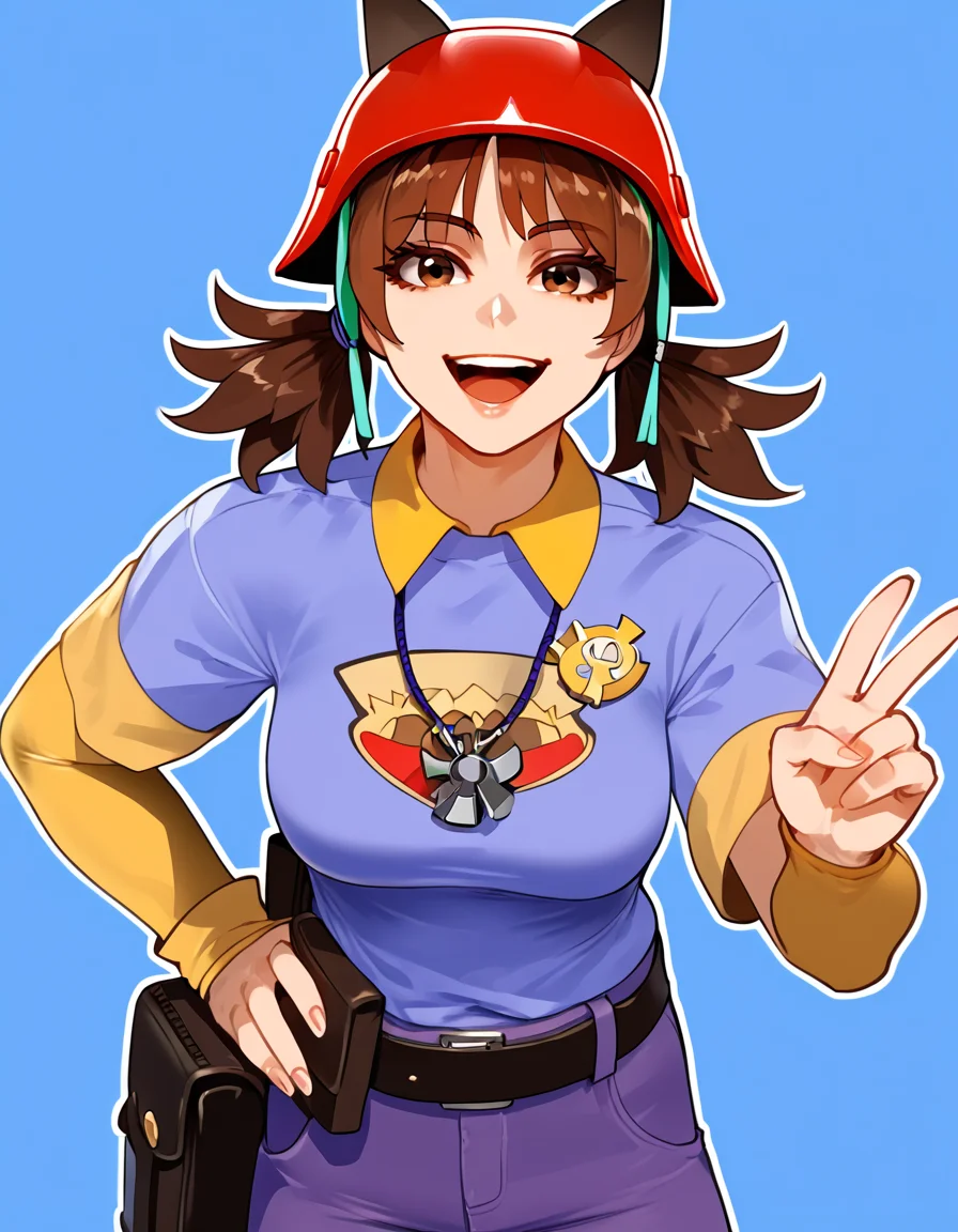 1girl, solo, <lora:Aubrey_Fortnite:0.8> red helmet, brown hair, brown eyes, pigtails, medium breasts, short sleeves, purple shirt, yellow collar, yellow sleeves, long sleeves, undershirt, pants, fanny pack, belt, necklace, looking at viewer, smile, cowboy shot, peace sign hand, blue background, white outline, <lora:NAIV3_Hentai-Mixed_Artstyle:1> naiv3-mixed, NAIV3-Mixed, looking at viewer, open mouth, upper teeth