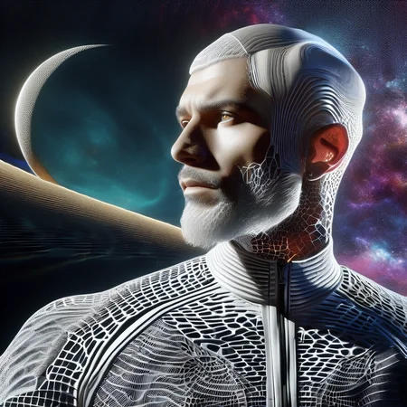 ((best quality)), ((masterpiece)), ((realistic,digital art)), (hyper detailed),DonMC0sm1cW3bXL,cosmic,male Digital Detective, , Twenty-something Slim, Sub-Saharan African, Violet eyes, Upswept Ears, Pointed Chin with Cleft, Overbite Jaw, Circle Beard , Platinum Blonde Tousled waves hair, Sadness,, Nano-linked Elegance, Character stands gracefully with fluid movements, showcasing the seamless integration of nanotechnology, wearing Anti-gravity Urban Shorts, Light gray Chenille Toile Neural Mesh Jacket, Haptic Feedback Racing Sneakers, , ,, Augmented Stride, Character walks confidently with one foot forward, head slightly tilted, and eyes focused on a virtual display only they can see, <lora:DonMC0sm1cW3bXL-000009:1>