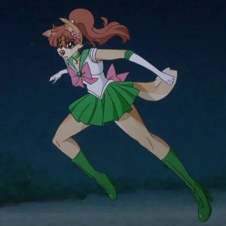 Dan1ka,1girl,solo,furry,furry female,dog girl,dog ears,brown hair,ponytail,long hair,hair between eyes,brown eyes,snout,animal nose,collar,body fur,dog tail, hair ornament,, flower earrings, circlet, sailor senshi uniform, magical girl, green choker, green sailor collar, pink bow, white gloves, elbow gloves, green skirt, pleated skirt, pink back bow, green footwear, high heel boots, full body, outdoors, street