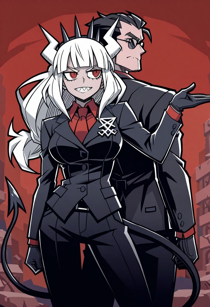 masterpiece, best quality, newest, absurdres, highres,  anime, anime style, Dynamic-Duo-Pose-IL.V1.0, Duo, Duo focus, dynamic duo, dynamic pose, pose, 1boy, helltaker \(helltaker\), sunglasses, glasses, black hair, short hair, muscular, muscular male, 1girl, lucifer \(helltaker\), black suit, red necktie, black collared shirt, black gloves, blunt bangs, demon horns, demon girl, demon tail, sharp teeth, red eyes, white hair, long hair
