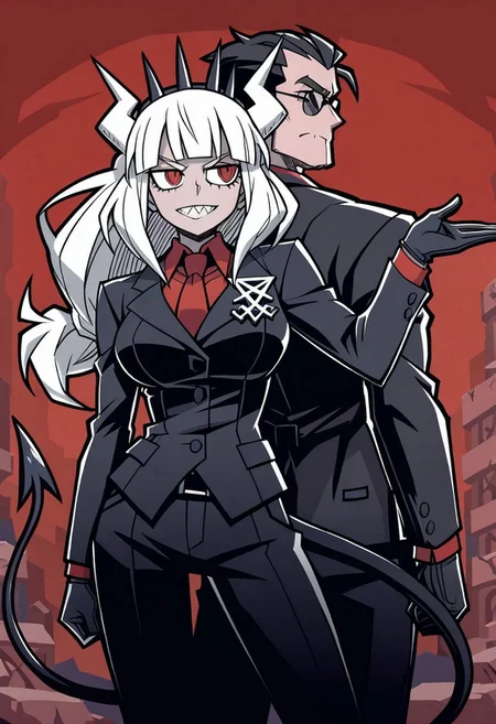 masterpiece, best quality, newest, absurdres, highres, anime, anime style, Dynamic-Duo-Pose-IL.V1.0, Duo, Duo focus, dynamic duo, dynamic pose, pose, 1boy, helltaker \(helltaker\), sunglasses, glasses, black hair, short hair, muscular, muscular male, 1girl, lucifer \(helltaker\), black suit, red necktie, black collared shirt, black gloves, blunt bangs, demon horns, demon girl, demon tail, sharp teeth, red eyes, white hair, long hair
