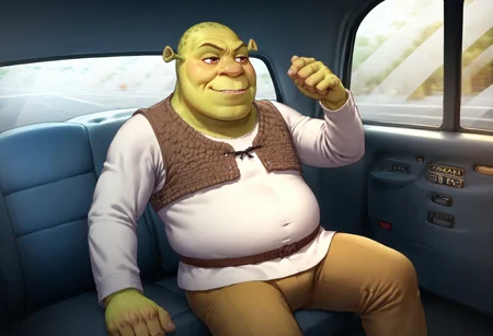 score_9, score_8_up, score_7_up, detailed, <lora:FakeTaxiMeme_XLPD:0.7>, fake taxi, car interior, sitting, ground vehicle, <lora:Shrek_XLPD:1> shrek, green skin, smirk, leaning back, arm rest, fat man, ogre,
