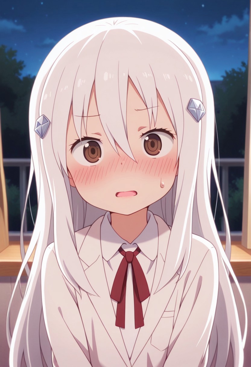 masterpiece,best quality,amazing quality, hikari kongo, long hair, white hair, brown eyes, 1girl, blush, solo, hair ornament, ribbon, looking at viewer, school uniform, hair between eyes, red ribbon, sweatdrop, shirt, neck ribbon, night, open mouth