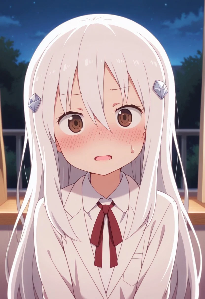 masterpiece,best quality,amazing quality, hikari kongo, long hair, white hair, brown eyes, 1girl, blush, solo, hair ornament, ribbon, looking at viewer, school uniform, hair between eyes, red ribbon, sweatdrop, shirt, neck ribbon, night, open mouth