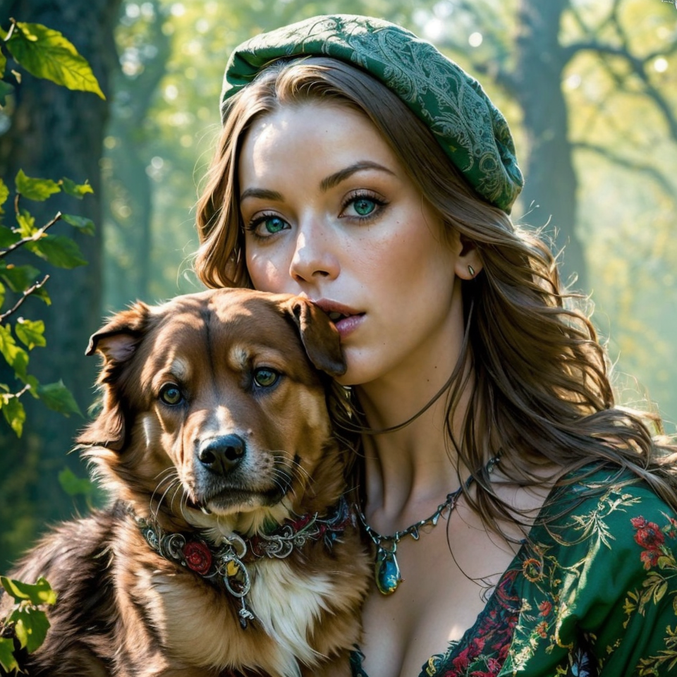 RAW photo, (masterpiece:1.3), subsurface scattering, heavy shadow, (high quality:1.4), (intricate, high detail:1.2), professional photography, HDR, High Dynamic Range, realistic, ultra realistic, photorealistic, high resolution, film photography, ambient lighting, atmospheric effects, <lora:detail_slider_v4:2>, OverallDetail,  Britney, <lora:Britney:1>,  as a female druid, middle-aged, tribal tattoos, beret, with a dog, FanDru, <lora:FantasyDruid-10:0.8>, in a radiant enchanted forest, style-sylvamagic, <lora:FeyAndFairies:0.5>, FeyFa, epiCPhoto