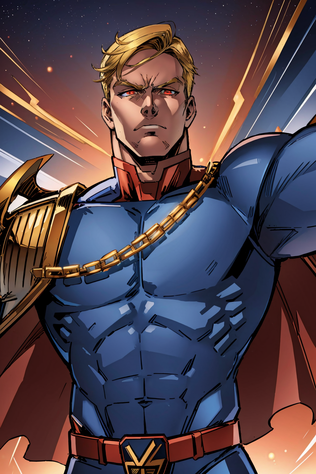 1man, blue superhero outfit, blonde hair, belt, cape, collar, muscular, gold shoulderpad, view from front, angry, (bright glowing red eyes:1.25), <lora:Homelander:0.9>, masterpiece, highest quality