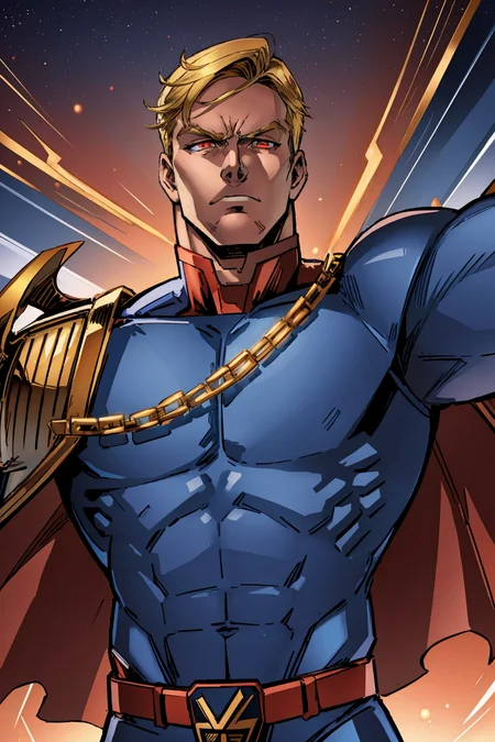 1man, blue superhero outfit, blonde hair, belt, cape, collar, muscular, gold shoulderpad, view from front, angry, (bright glowing red eyes:1.25), <lora:Homelander:0.9>, masterpiece, highest quality