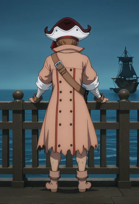 masterpiece,best quality,amazing quality,stude \(shangri-la frontier\),1girl,solo,1boy,hat,holding,standing,full body,male focus,boots,from behind,coat,torn clothes,night,brown footwear,bandaged arm,facing away,watercraft,ship,pirate hat,pirate,tricorne,sam browne belt,brown coat,<lora:stude:1>,