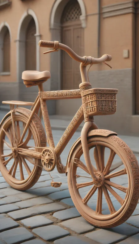 highly detailed, realistic, fine fabric detail, absurdres, highly-detailed, best quality, masterpiece, very aesthetic, a wide-frame full-body shot of a bicycle made of terracotta featured in a city street setting. no humans