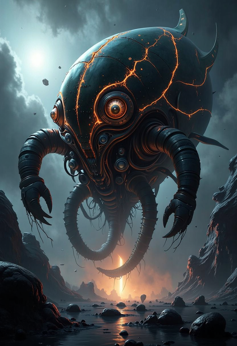 A yfg-bgy colossal biomechanical leviathan moves through a dark, storm-ridden planet, its veins of molten metal coursing through its shell catching the faint light of its surroundings. a jagged asteroid field illuminated by a dying star create an eerie atmosphere as the entity glides forward, its presence both mesmerizing and unsettling. A deep, droning hum reverberates through the air, signaling the presence of something ancient, something watching from the shadows.