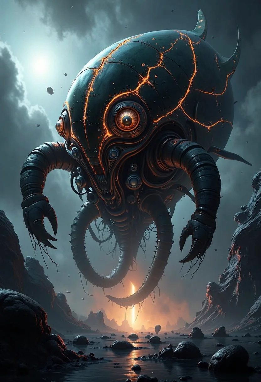 A yfg-bgy colossal biomechanical leviathan moves through a dark, storm-ridden planet, its veins of molten metal coursing through its shell catching the faint light of its surroundings. a jagged asteroid field illuminated by a dying star create an eerie atmosphere as the entity glides forward, its presence both mesmerizing and unsettling. A deep, droning hum reverberates through the air, signaling the presence of something ancient, something watching from the shadows.