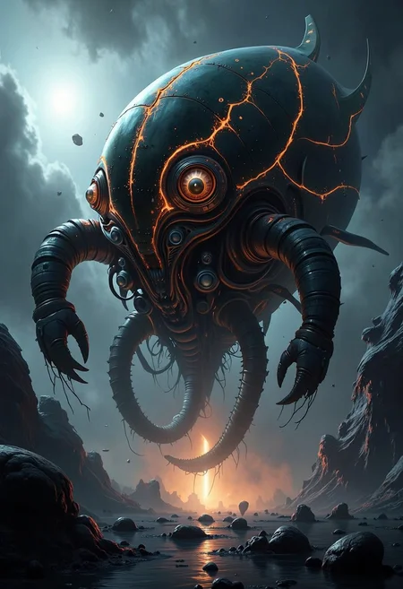 A yfg-bgy colossal biomechanical leviathan moves through a dark, storm-ridden planet, its veins of molten metal coursing through its shell catching the faint light of its surroundings. a jagged asteroid field illuminated by a dying star create an eerie atmosphere as the entity glides forward, its presence both mesmerizing and unsettling. A deep, droning hum reverberates through the air, signaling the presence of something ancient, something watching from the shadows.