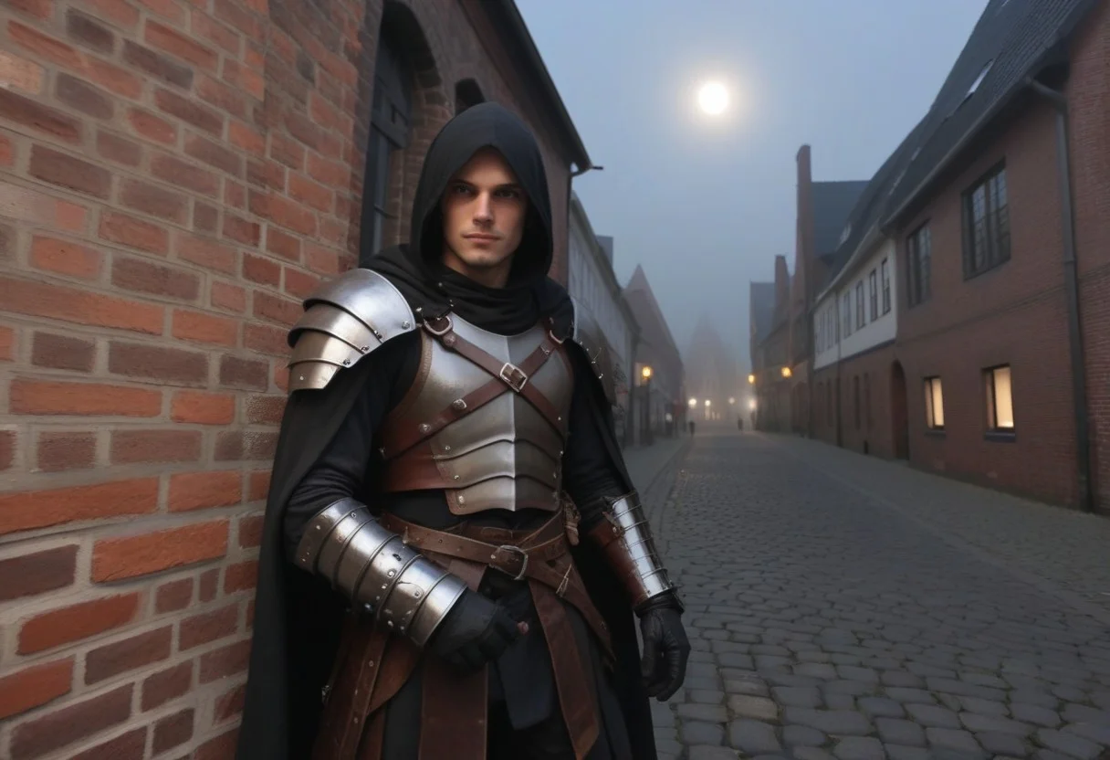 masterpiece, north german downtown, fantasy thief, leather armor, pointed ears, focus on subject, foggy night, dark night, moon, dim lighting, brick walls, cobblestone, dark background,
